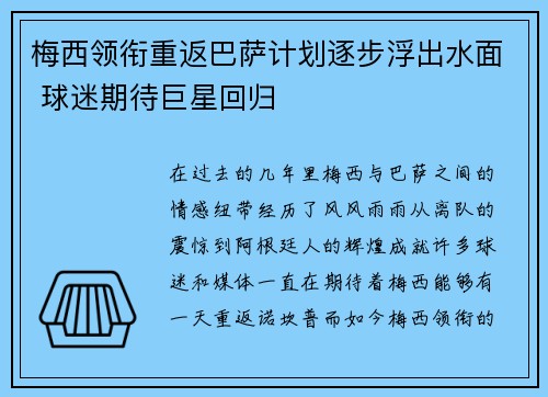 梅西领衔重返巴萨计划逐步浮出水面 球迷期待巨星回归