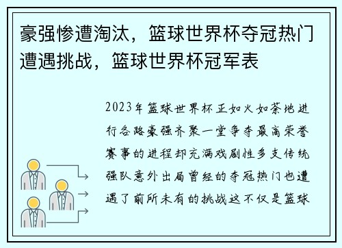 豪强惨遭淘汰，篮球世界杯夺冠热门遭遇挑战，篮球世界杯冠军表